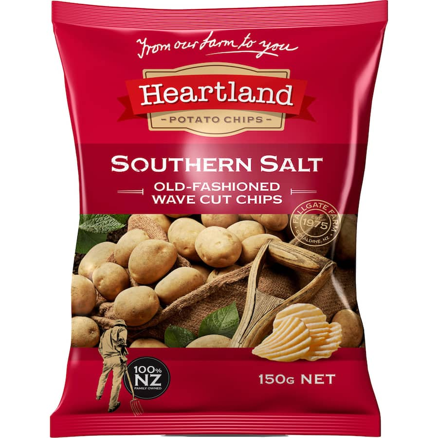 Crispy, gluten-free potato chips from New Zealand with Southern salt, perfect for snacking or pairing with dips.