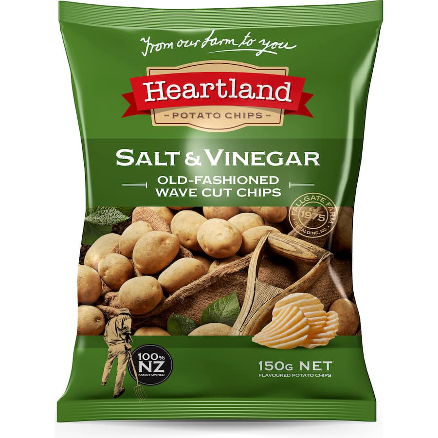 Heartland Chips Salt & Vinegar: gourmet, gluten-free, thickly sliced potato chips with bold flavor and irresistible crunch.