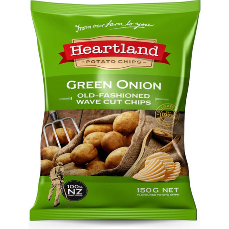 Heartland Chips Green Onion: Thick, ridged, gluten-free potato chips with bold green onion flavor, crafted from New Zealand potatoes.