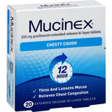 Mucinex Chesty Cough Tablets, featuring bi-layer technology for 12-hour relief, thin mucus and ease chest congestion.