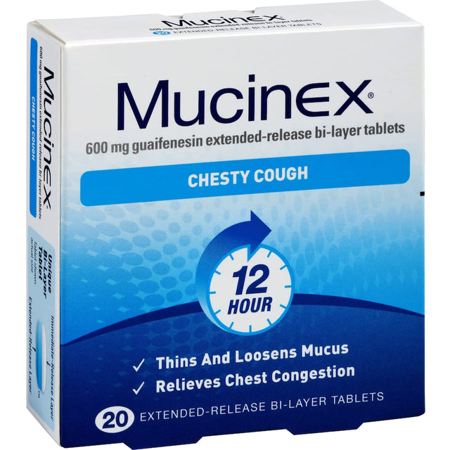 Mucinex Chesty Cough Tablets, featuring bi-layer technology for 12-hour relief, thin mucus and ease chest congestion.