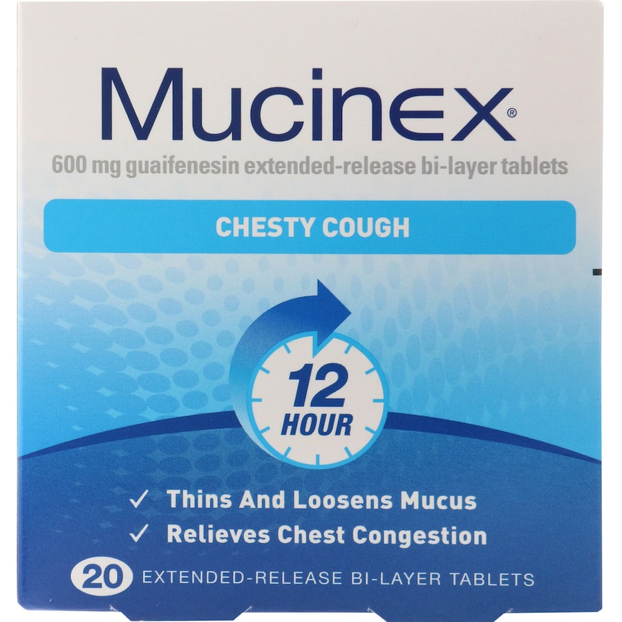 Mucinex Chesty Cough Tablets with Guaifenesin for chest congestion relief and bi-layer technology for fast, lasting relief.