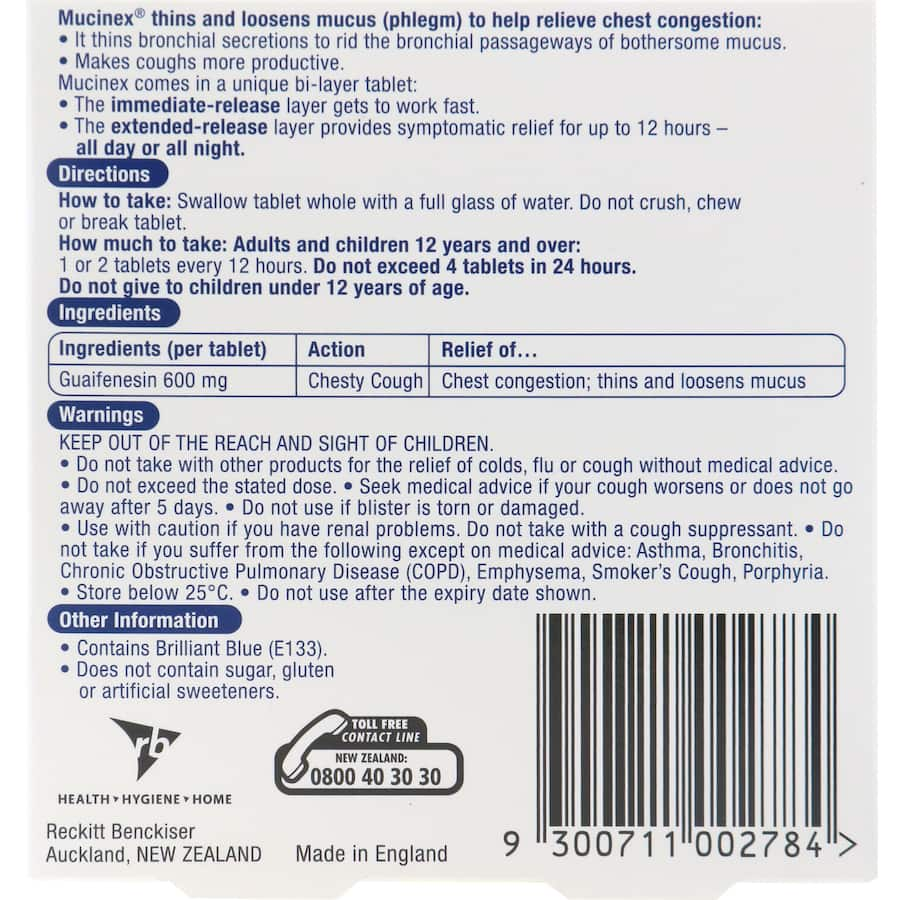 Mucinex Chesty Cough Tablets: bi-layer formula with 600mg Guaifenesin for 12-hour relief from chest congestion and coughs.