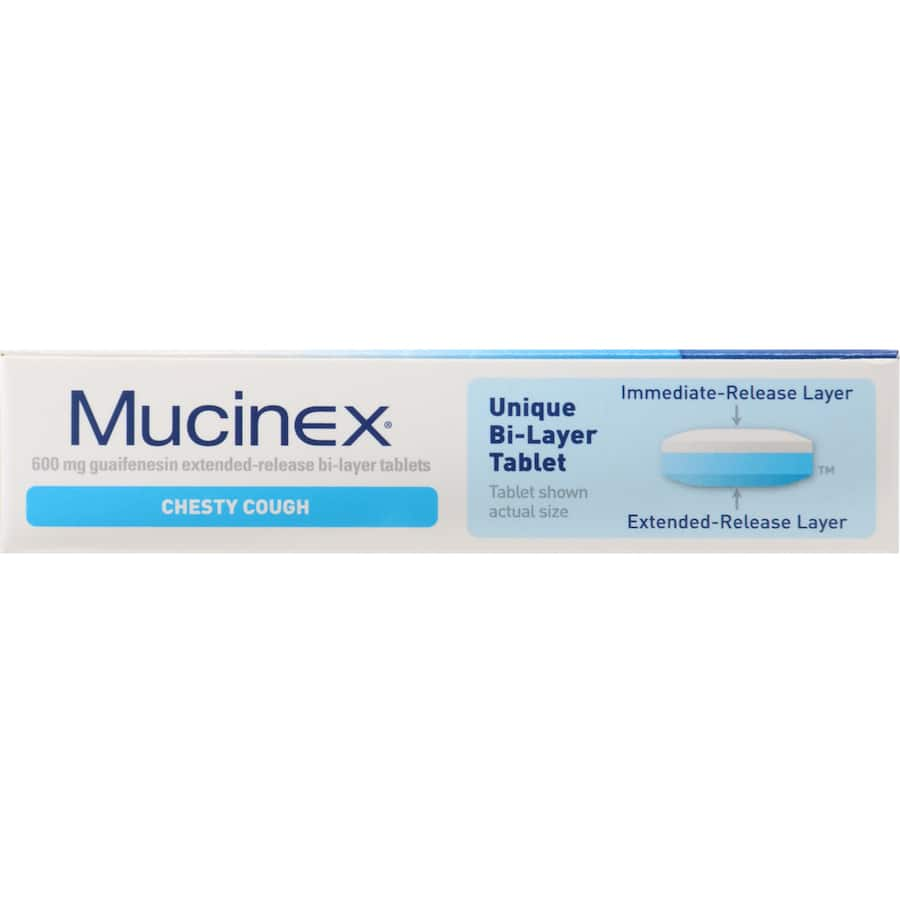 Mucinex Chesty Cough Tablets: Bi-layer formula with Guaifenesin for fast relief of chest congestion and effective cough productivity.