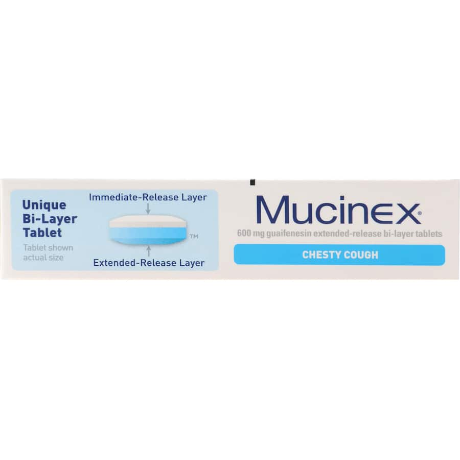 Mucinex Chesty Cough Tablets with Guaifenesin, designed for 12-hour relief from chest congestion and cough productivity.