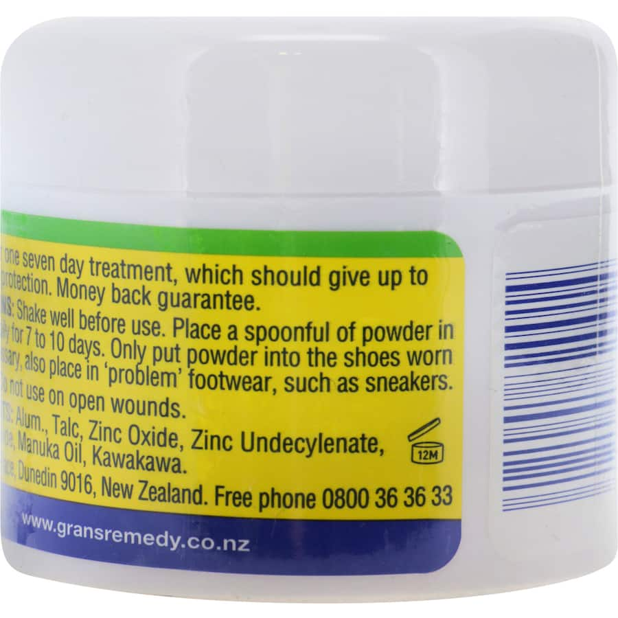 Grans Remedy Foot Powder Original keeps shoes fresh and odor-free, combating bacteria for daily comfort and confidence.