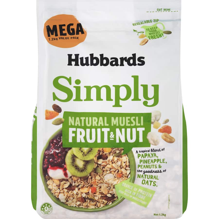 Hubbards Simply Mega Muesli with fruit and nuts, a nutritious blend of whole grains, fruits, and nuts for versatile breakfasts.