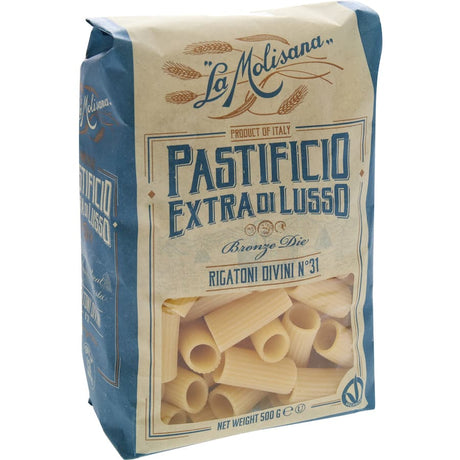 La Molisana Pasta Rigatoni Divini No. 31, premium durum wheat pasta, ridged design for perfect sauce adherence.