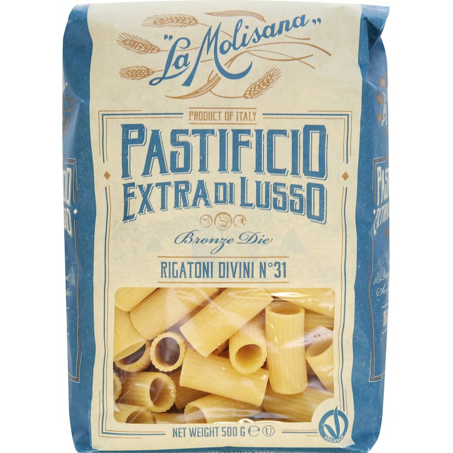 La Molisana Pasta Rigatoni Divini No. 31, premium ridged pasta for rich sauces, perfect for hearty meals and easy cooking.