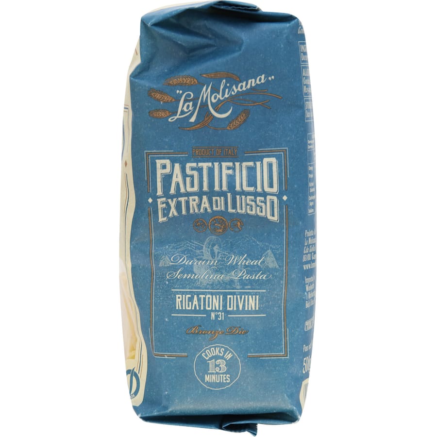 La Molisana Pasta Rigatoni Divini No. 31: premium ridged pasta designed to enhance flavors in hearty dishes and salads.