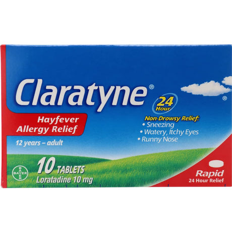 Claratyne Hayfever & Allergy Relief Antihistamine pack, providing 10 days of non-drowsy relief from allergy symptoms.