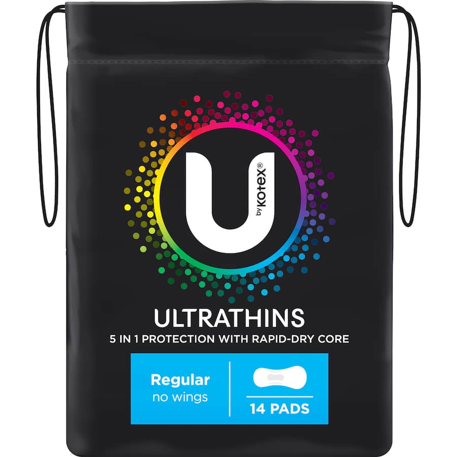 Ultra-thin U By Kotex Pads No Wings feature a rapid-dry core for maximum comfort and leak protection during medium flow days.