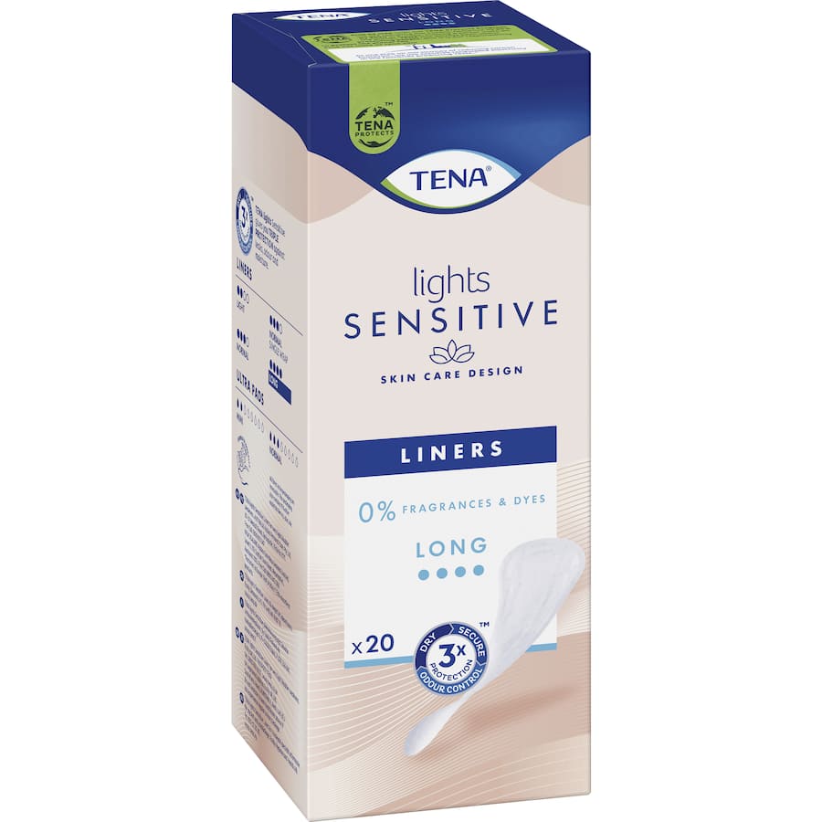 Tena Lights Sensitive Continence Liner Long offers discreet, absorbent protection for light bladder leaks, ideal for sensitive skin.