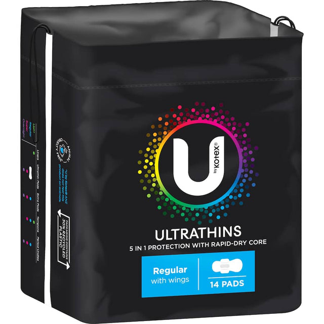 U by Kotex Ultra Thin Pads Regular feature a rapid-dry core, grooves for leak protection, and secure wings for comfort and mobility.