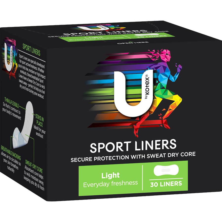 U By Kotex Sport Panty Liners in white, designed for active lifestyles with ultra-thin, sweat-wicking, and breathable features.