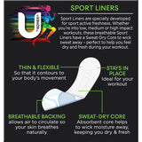 U By Kotex Sport Panty Liners in white, designed for active lifestyles with moisture-wicking core and breathable backing for comfort.