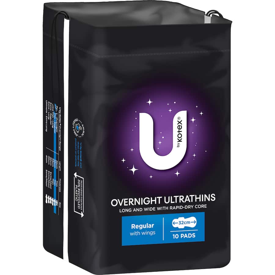 U By Kotex Ultra Thin Overnight Pads with Wings offer maximum absorbency, rapid-dry core, and extra coverage for comfort and protection.