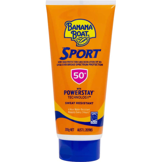 Bottle of Banana Boat Sunscreen Sport SPF 50+, providing non-greasy, water-resistant sun protection for active outdoor activities.