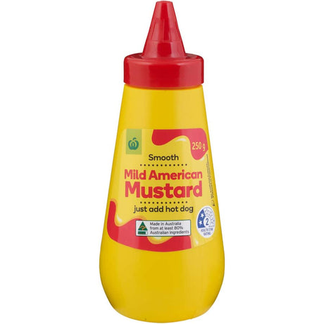 Woolworths Mustard Mild in a squeeze bottle, perfect for enhancing dishes like hotdogs and sandwiches with a tangy flavor.