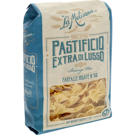 Butterfly-shaped La Molisana Farfalle pasta in a 500g package, made from premium durum wheat for rich flavor and al dente texture.