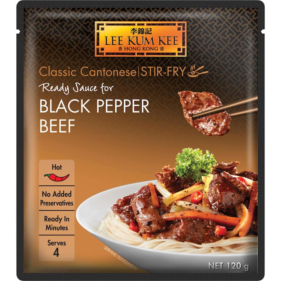 Bottle of Lee Kum Kee Ready Sauce Black Pepper Beef, featuring a rich black pepper aroma for easy, flavorful cooking at home.