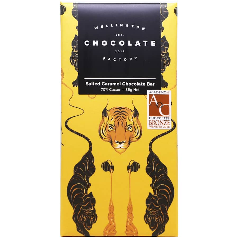 Wellington Factory Chocolate Salted Caramel bar featuring 70% cacao, brittle caramel, sea salt, and unique tiger artwork.