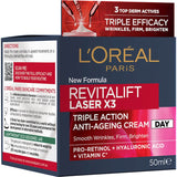 L'Oréal Revitalift Anti-Ageing Cream Laser X3 for women 40+, combats wrinkles, re-densifies skin, and firms contours.