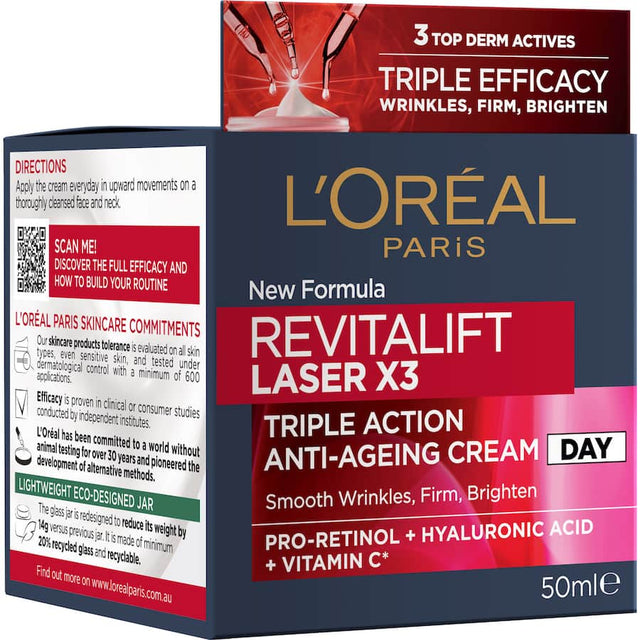 L'Oréal Revitalift Anti-Ageing Cream Laser X3 for women 40+, combats wrinkles, re-densifies skin, and firms contours.