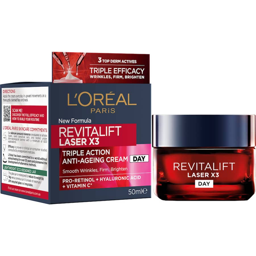 L'Oréal Revitalift Anti-Ageing Cream Laser X3, a powerful moisturizer for women 40+, reduces wrinkles and firms skin.