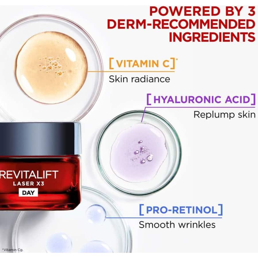 L'Oreal Revitalift Anti-Ageing Cream Laser X3, a powerful moisturizer for women 40+, reduces wrinkles and firms skin.