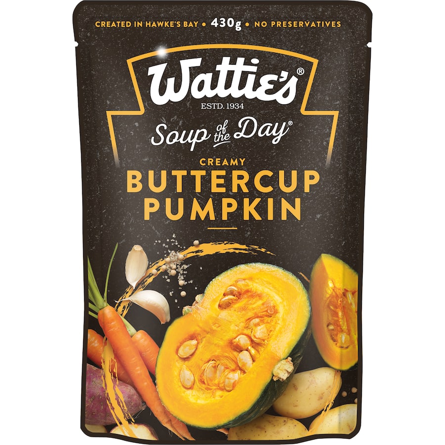 Wattie's Buttercup Pumpkin Soup pouch featuring creamy pumpkin, kumara, and carrot, ideal for quick meals, healthy and preservative-free.