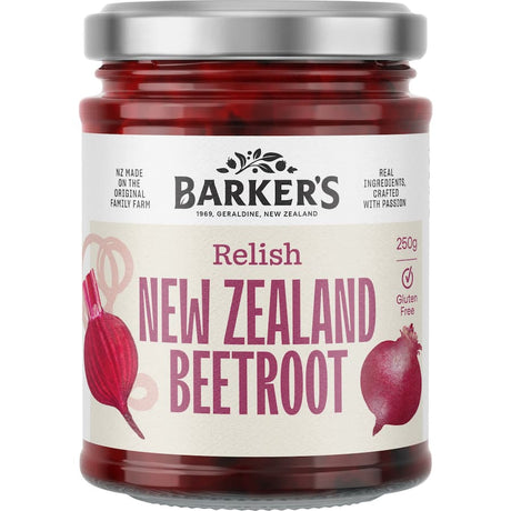 A jar of Barkers Relish NZ Beetroot, showcasing its vibrant color and zesty flavors for enhancing dishes and snacks.