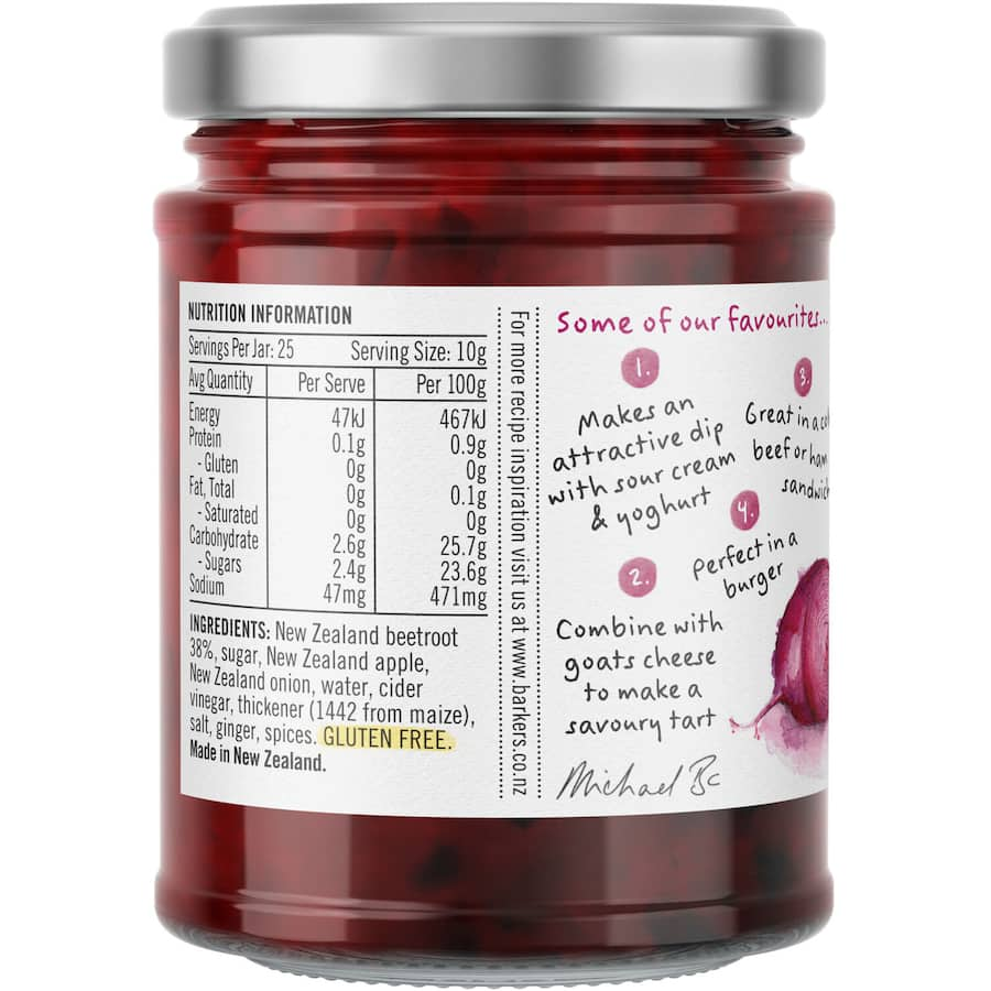 Barkers Relish NZ Beetroot jar featuring vibrant beetroot flavor for enhancing sandwiches and charcuterie boards.