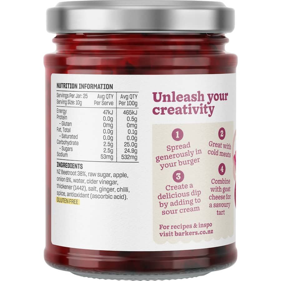 Barkers Relish NZ Beetroot in a jar, showcasing rich beetroot flavor for enhancing sandwiches and meats.