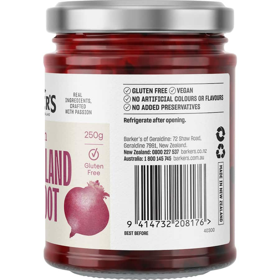 Barkers Relish NZ Beetroot jar, featuring tangy beetroot flavor for sandwiches and meats.