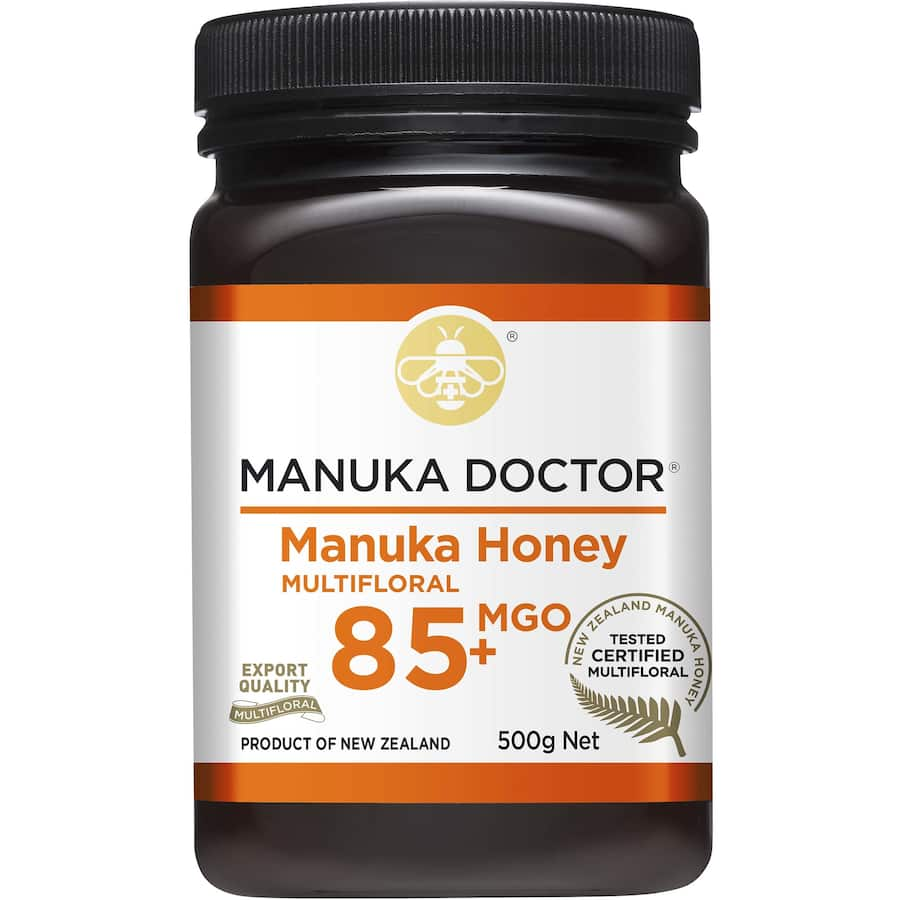 Manuka Doctor Multifloral Honey MGO 85+ jar, showcasing New Zealand's premium honey with health benefits and rich flavor.