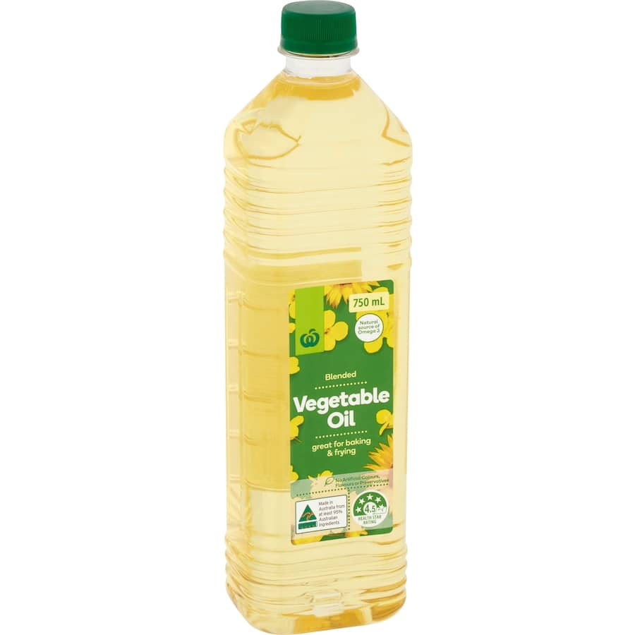 Woolworths Vegetable Oil: versatile cooking oil blend for frying, baking, and grilling, enriched with Omega 3 for health.