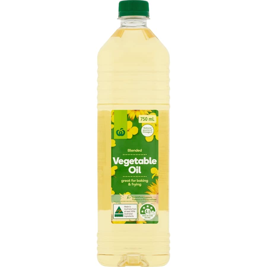 Woolworths Vegetable Oil: versatile cooking oil made from 95% canola and 5% sunflower, ideal for frying, baking, and sautéing.