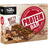 Tasti Protein Bar Muesli Bars Nutty Choc: chewy nut bars with 10g protein, rich chocolate, and crunchy nuts for a nutritious snack.