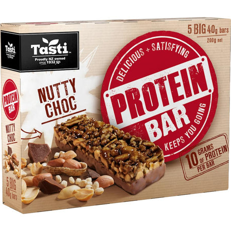 Tasti Protein Bar Muesli Bars Nutty Choc: chewy nut bars with 10g protein, rich chocolate, and crunchy nuts for a nutritious snack.