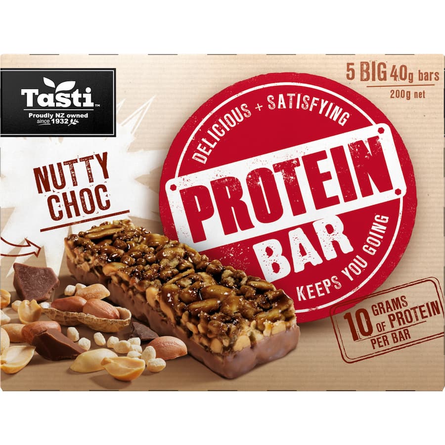 Nutty Choc protein muesli bar with crunchy nuts and chocolate, offering 10g of protein for active lifestyles.