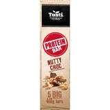 Chewy nut bar featuring crunchy nuts and rich chocolate, packed with 10g of protein for a nutritious snack.