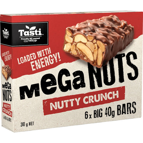 Tasti Mega Nuts Nut Bars Nutty Crunch, a pack of 6 protein-rich 40g bars for a delicious, nutritious energy boost.