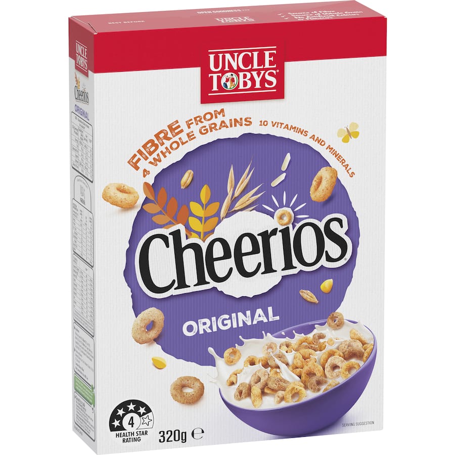 A bowl of Uncle Tobys Cheerios Cereal featuring 4 whole grains, rich in fiber and vitamins, perfect for a wholesome breakfast.