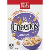 Bowl of Uncle Toby's Cheerios Cereal featuring 4 whole grains, rich in fiber and nutrients, perfect for a healthy breakfast.