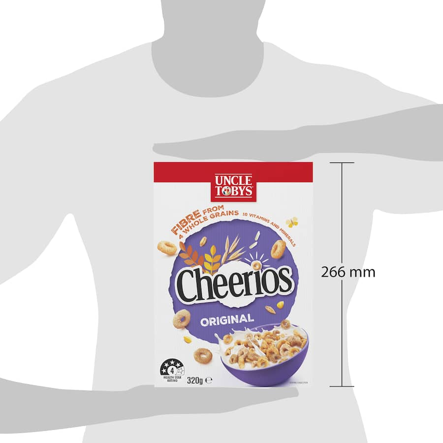 Bowl of Uncle Toby's Cheerios Cereal highlighting 4 whole grains, rich fiber, and essential vitamins for a healthy breakfast.