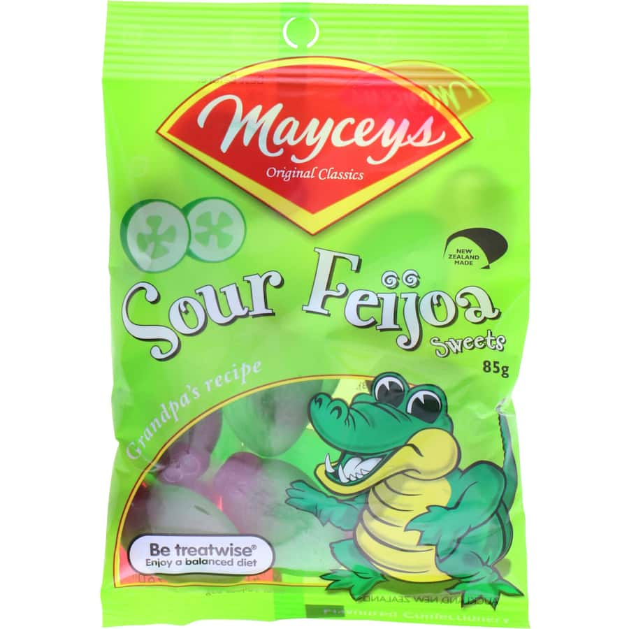 Mayceys Jelly Sweets featuring tangy sour feijoa flavor, perfect for snacks or candy buffets.