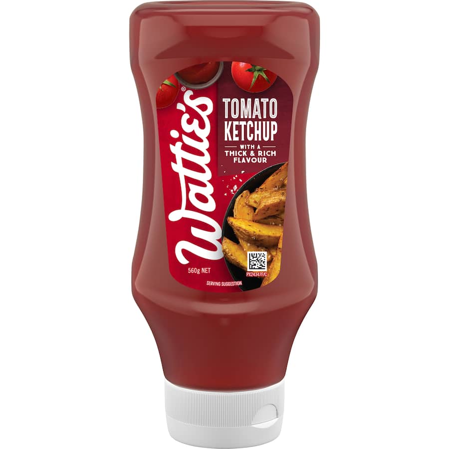 Wattie's Tomato Ketchup in an upside-down bottle, perfect for dipping and enhancing meals with rich, classic tomato flavor.