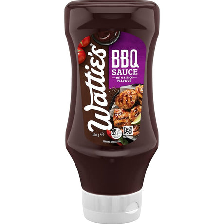 Wattie's BBQ Sauce bottle featuring rich flavor for grilling, marinating meats, and enhancing various dishes, preservative-free.