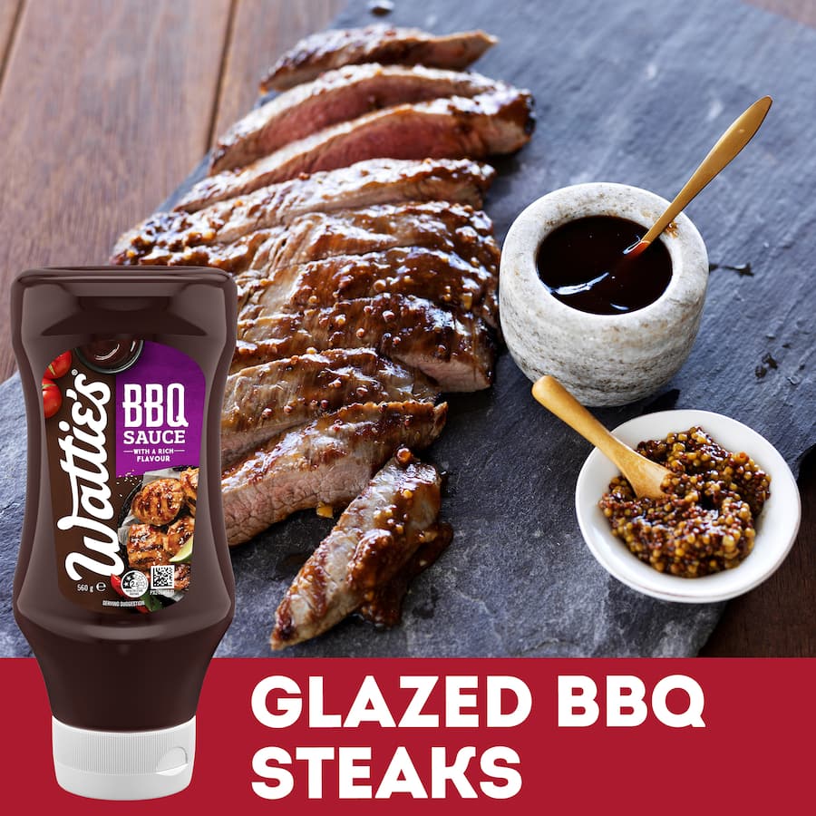 Wattie's BBQ Sauce bottle featuring rich, preservative-free flavor for grilling, marinating, and dipping meats and veggies.